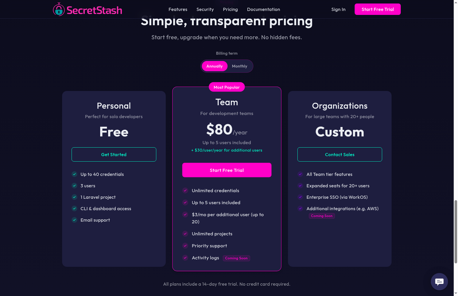 SecretStash pricing plans